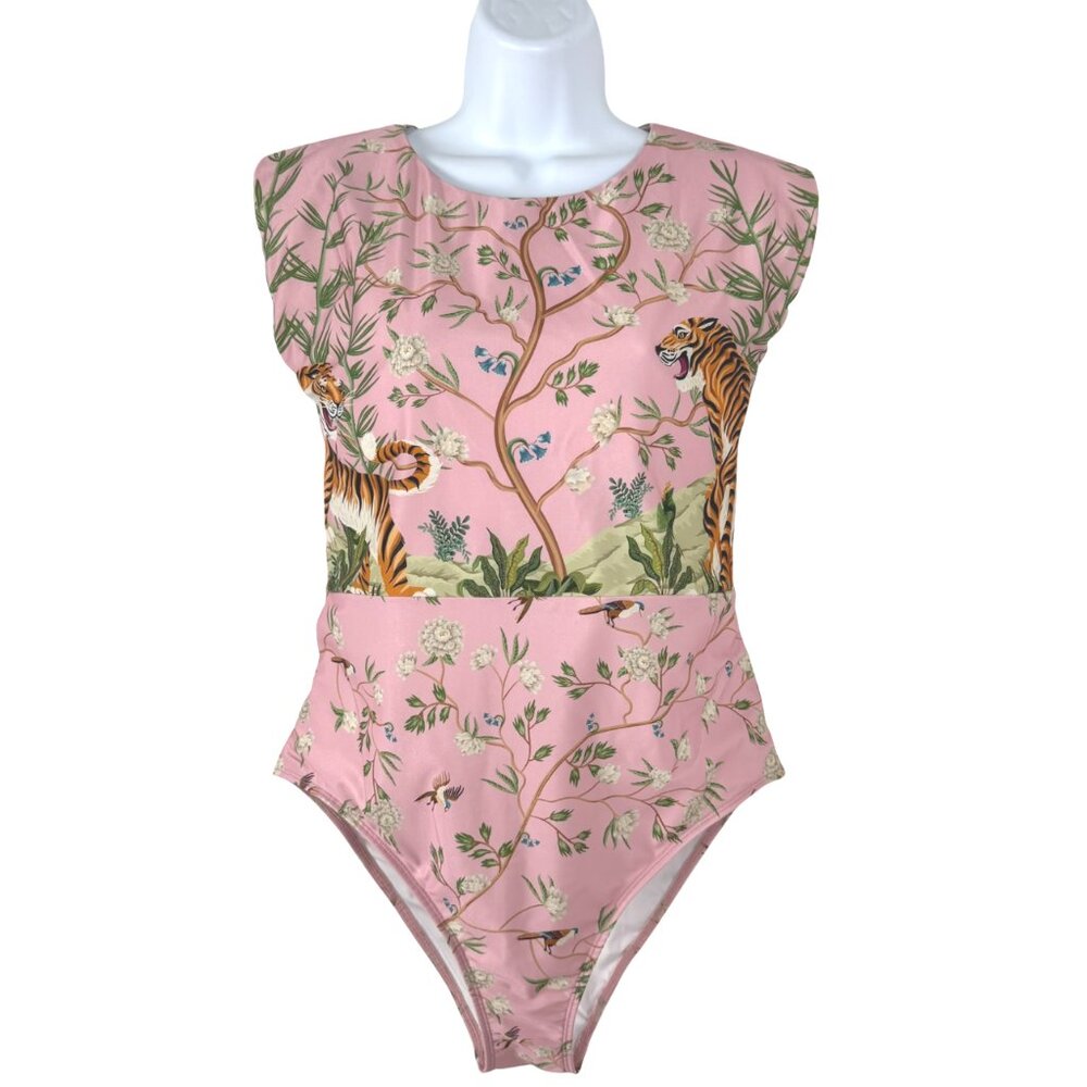 Averie Melina Zip‎ Up One Piece Swimsuit 2XL Tiger Blossom Print Pink SW-2112